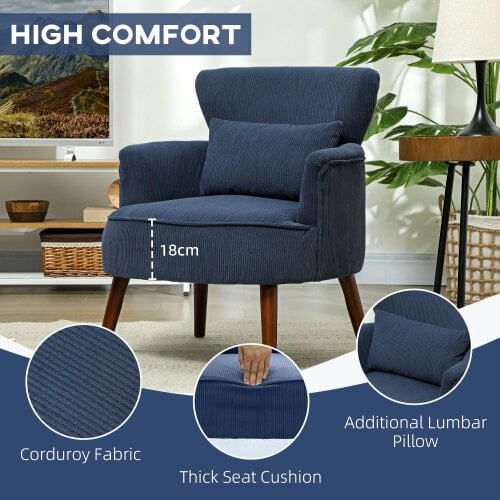 Wyld Haus Kesu Blue Corduroy Retro Style Accent Chair Dark Wooden Angled Legs