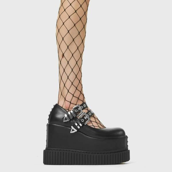 Lamoda Menace Black PU Chunky Platform Creeper Shoes Bold Stylish Footwear
