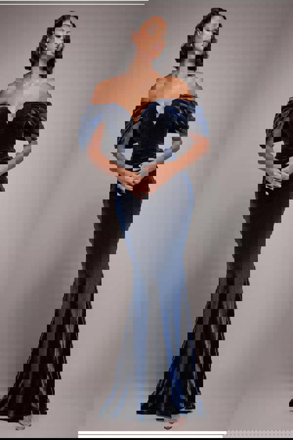 Off The Shoulder Deep Plunge Velvet Maxi Dress - Navy Blue DR4692