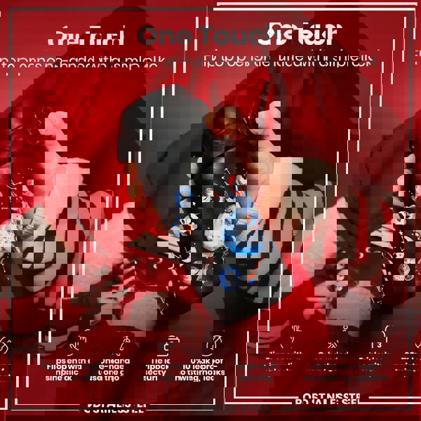 A black, space-themed water bottle with a flip top is being held. The flip top opens one-handed with a simple click. The bottle is shown against a red background.