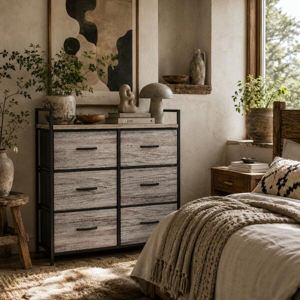 Wyld Haus Ferris Fabric And Wood Grey Wood Effect 6 Drawer Rustic Storage Chest