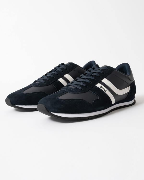 studio shot of BOSS Orange Levon Runn pumi Mens Trainers in Dark Blue 401