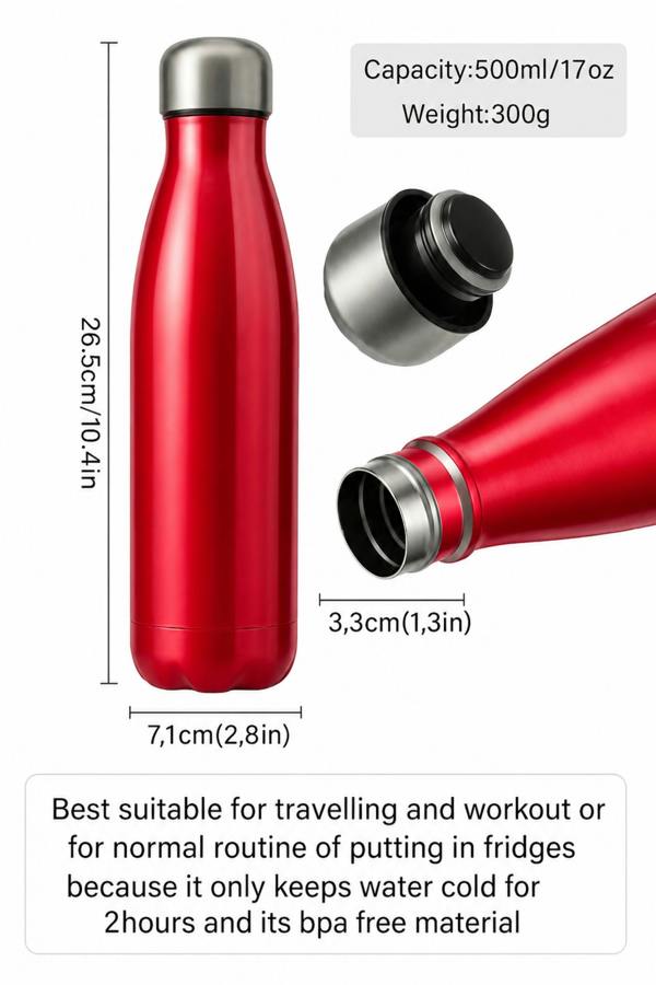 Dyzi 500ml Stainless Steel Water Bottle Leak Proof BPA Free Red