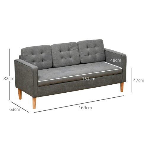 Wyld Haus Fabric Grey 3 Seater Sofa With Hidden Storage Tufted Seat And Wooden Legs