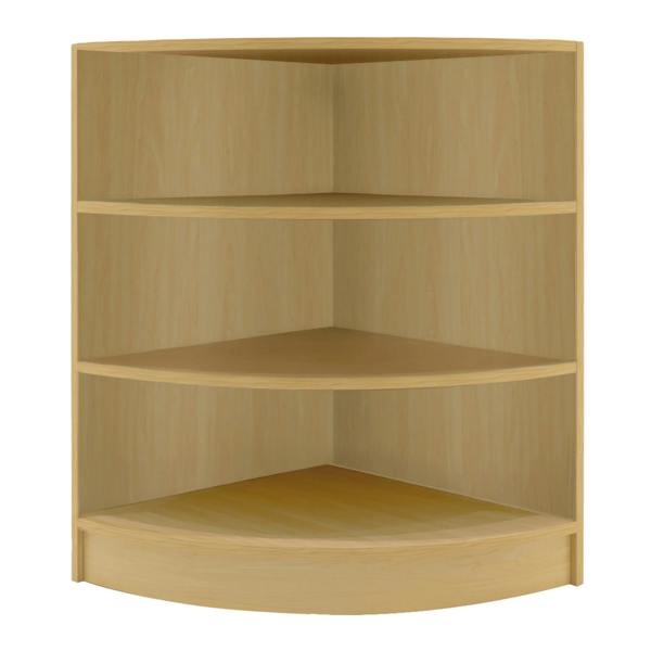 Maple corner display counter set featuring smooth surfaces, four spacious shelves, and a modern design for retail spaces