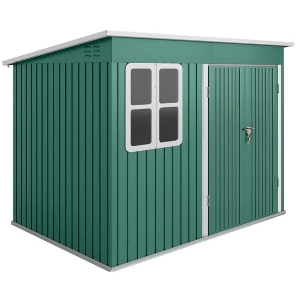 Green metal storage shed with window and wide double doors