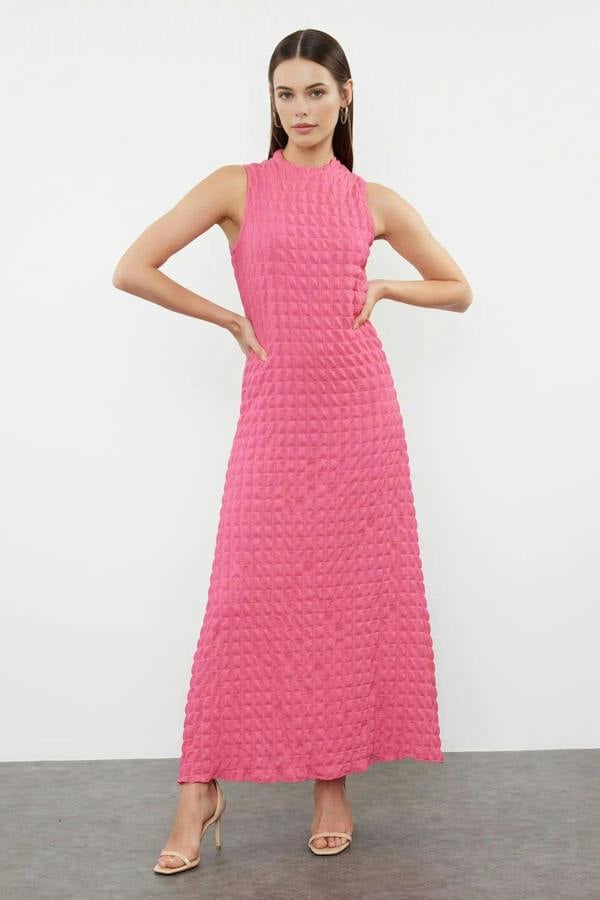 WOVCOR Plain Textured A-Line Neckline Textured Maxi Dress