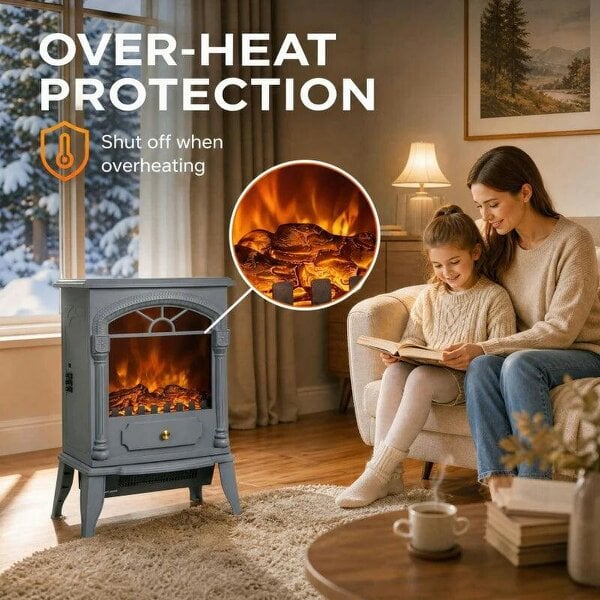 Freestanding Portable Fireplace, Electric Fireplace Stove Heater with 3D Flame Effect and Adjustable Thermostat, Grey