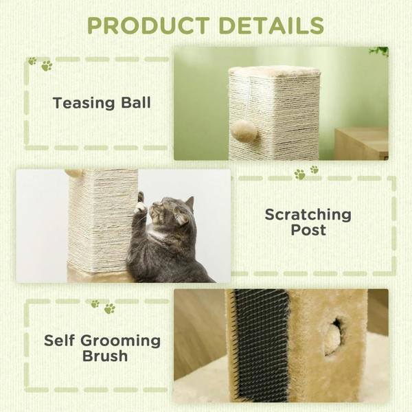 Beige jute cat scratching post with carpet base, product details feature collage