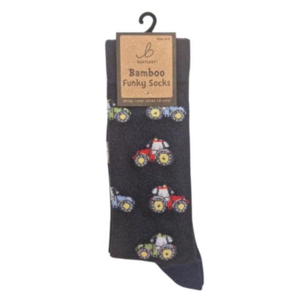 Bartleby men’s funky bamboo tractor socks with modern tractor design, size 6-11