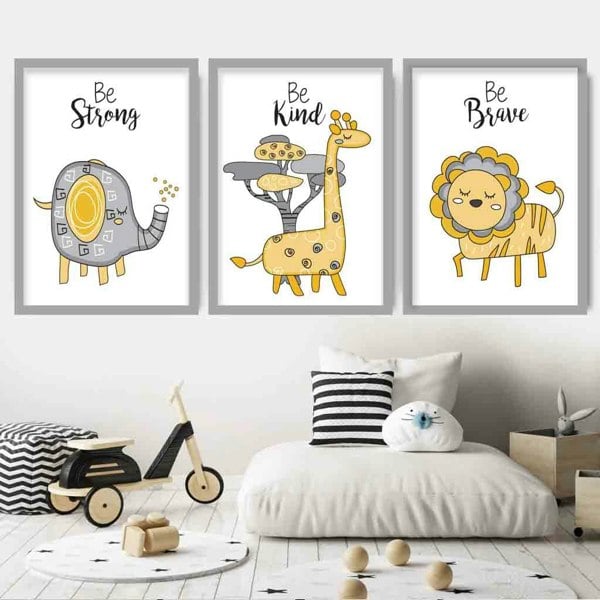 Nursery Set of 3 FRAMED JUNGLE Animals Yellow Art Prints | Artze Wall Art UK