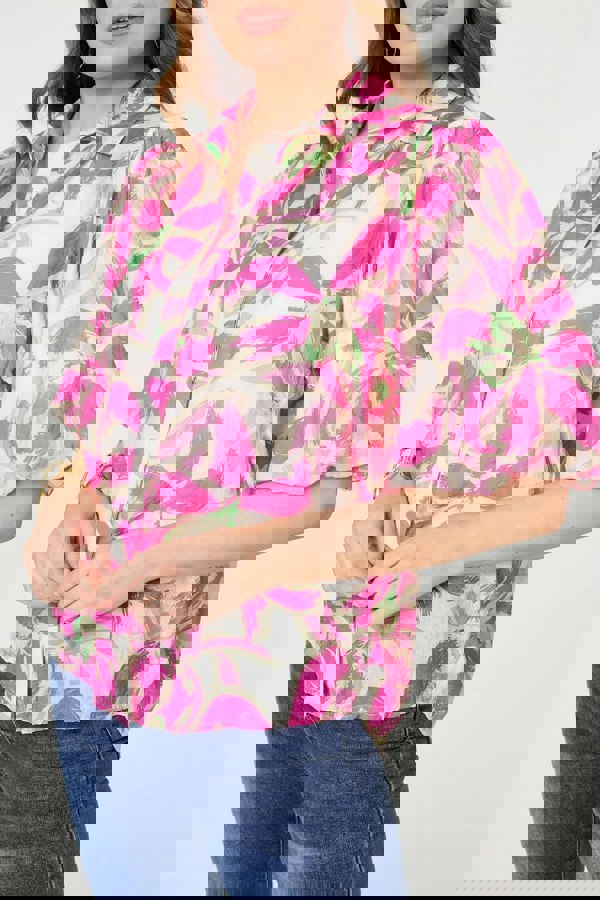 Pink | Floral Puff Sleeve Collared Shirt
