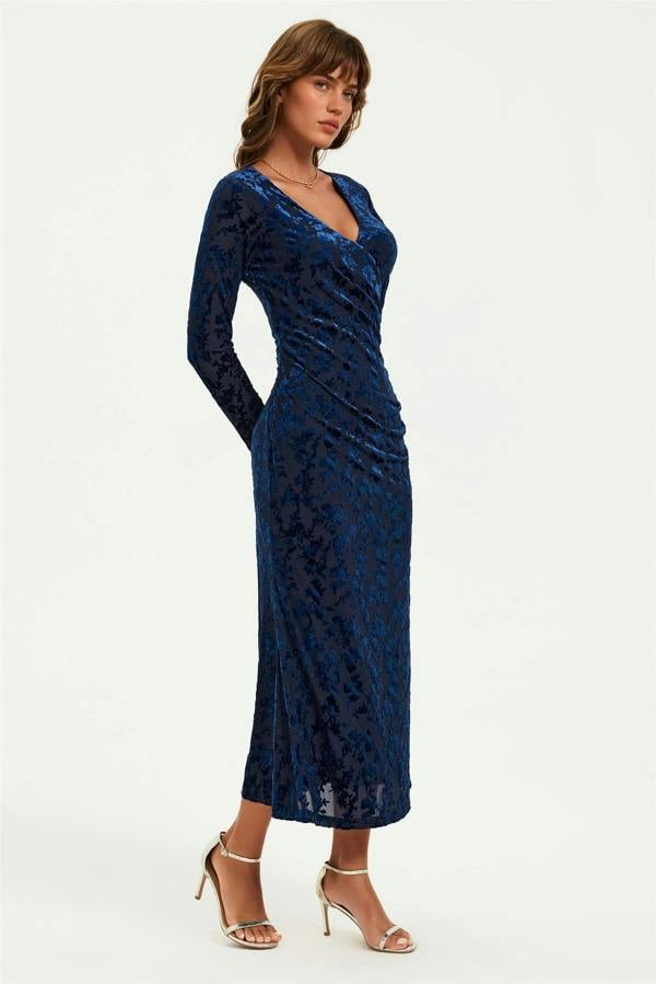 FS Collection Floral Velvet Devore Long Sleeve Wrap Midi Dress In Navy