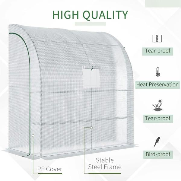 White greenhouse tunnel with window panel and roll-up door, clear mesh PE cover and frame