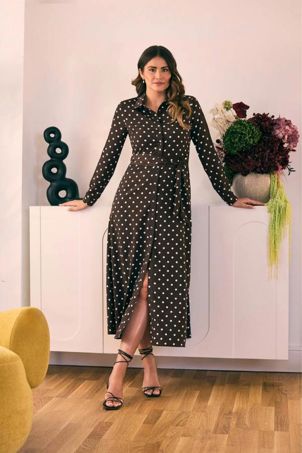 Izabel London Polka Dot Tie Waist Maxi Shirt Dress