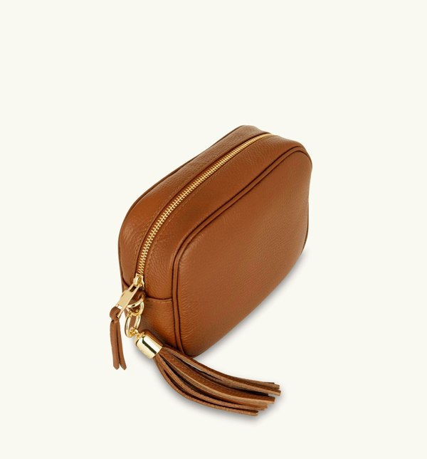 Apatchy London The Tassel Tan Leather Crossbody Bag with Cappuccino Dots Strap