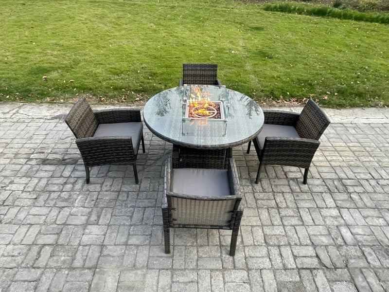 Fimous Outdoor PE Rattan Garden Furniture Sets Gas Fire Pit Round Table Sets Gas Heater with 4 Seater Dining Cahirs Dark Grey Mixed