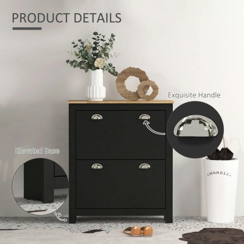 Wyld Haus Resuka Wooden Black Slim Shoe Cabinet With 2 Flip Drawers For 6 To 12 Pairs