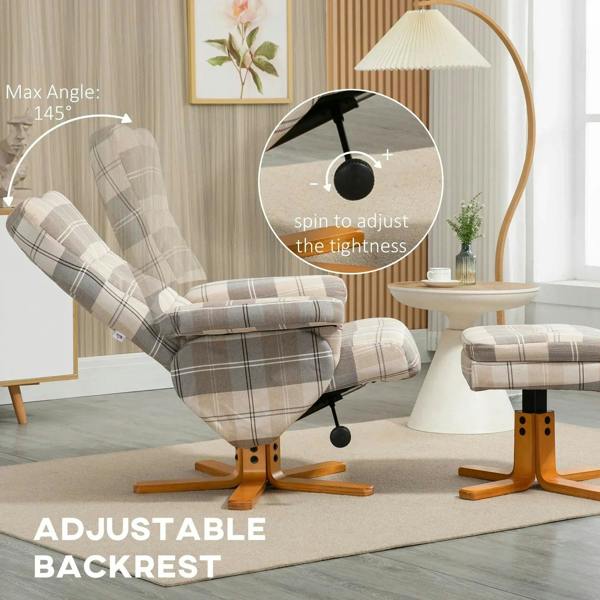 Swivel recliner chair with adjustable 145° backrest, plaid linen-look fabric and footstool