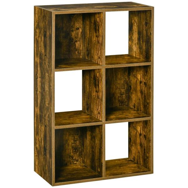 Brown rustic wooden cube bookcase with six open compartments, freestanding shelving unit