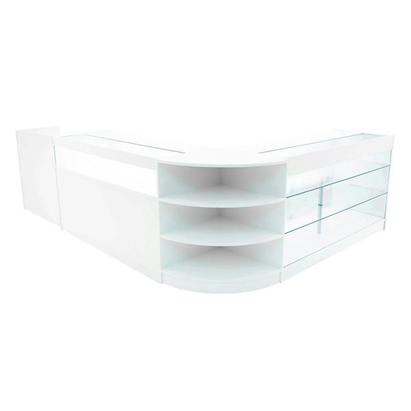 Hyperion LED Shop Counter Set in white, featuring sleek design, glass shelves, and a modern curved shape for retail displays