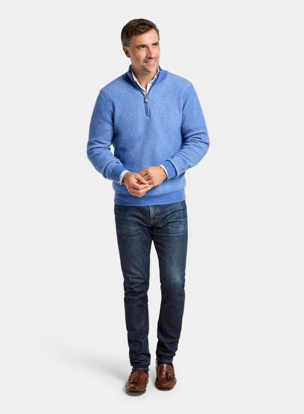 Cashmere Plaited Rib 1/4 Zip in Blue