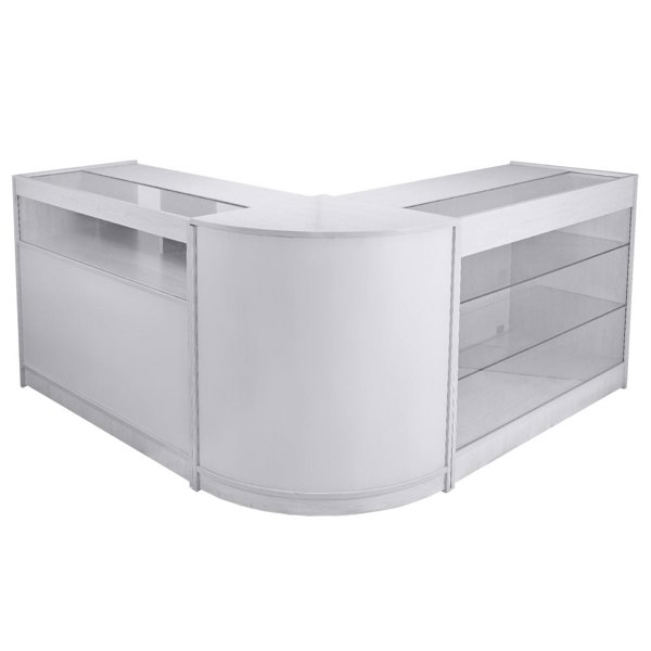 Brilliant white retail display set featuring a sleek, curved design with glass shelves and a modern, polished finish