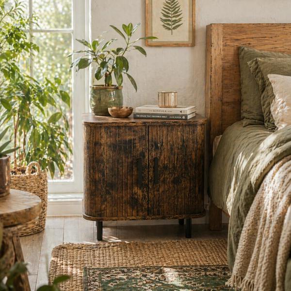 Wyld Haus Pasaba Brown Nordic Bedside Table With Tambour Sliding Door And Metal Legs
