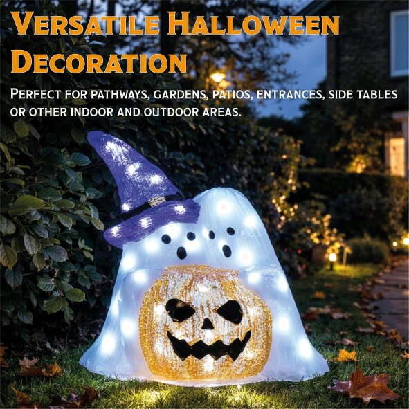 Scotts of Stow Fxlab 50 White LED Pumpkin and Ghost Outdoor Halloween Decoration with 5m Lead Cable BS IP20 Transformer Timer 6 18H