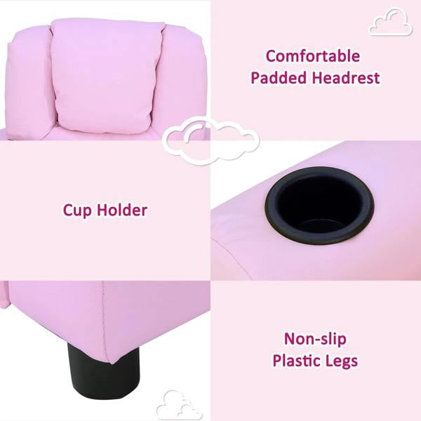Pink kids recliner chair with padded headrest and cup holder, non-slip plastic legs