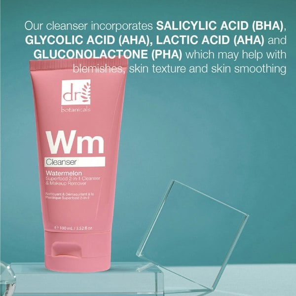 RDB098 Dr Botanicals Watermelon Superfood 2-in-1 Cleanser & Makeup Remover with Glycolic Acid, Salicylic Acid & Lactic Acid 100ml