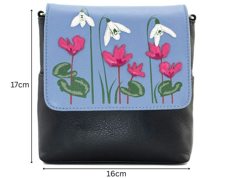 Mala Leather Snowdrop Leather Floral Small Crossbody Bag with White & Pink Appliqué Flowers