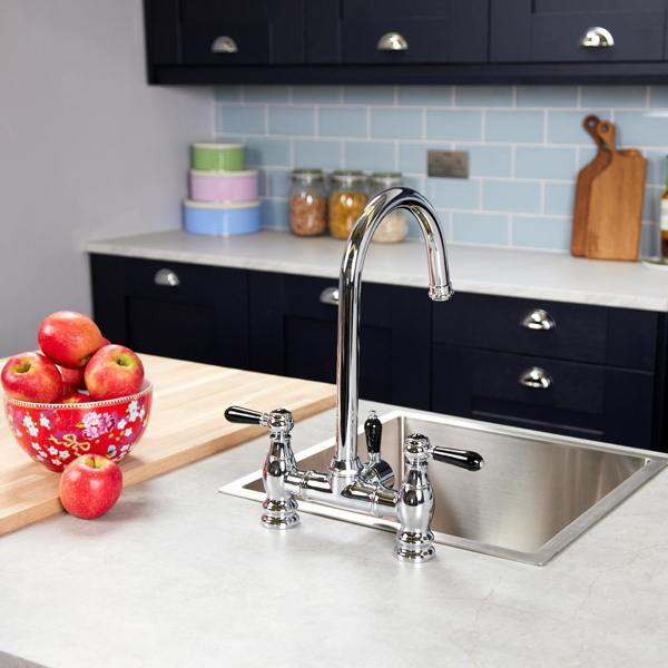 Flode klas | Traditional Bridge Style 3 in 1 Instant Boiling Tap | Black Ceramic Levers | Polished Chrome Finish