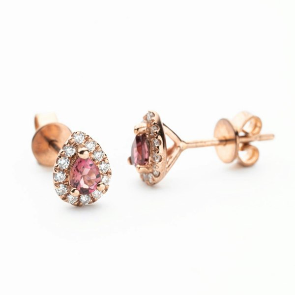 T. H. Baker 9ct Rose Gold Pear Cut Pink Tourmaline & 0.27ct Diamond Cluster Earrings NTE409PEAR-PTMD-9RG