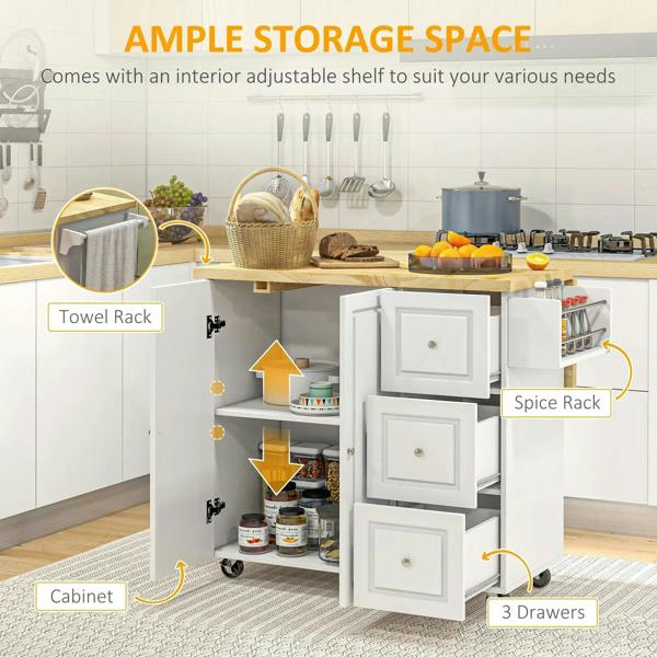 White kitchen trolley with towel and spice racks, shelves, and three drawers