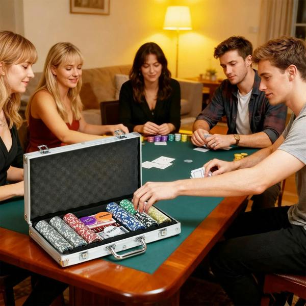 Group playing poker around green table, with open silver case showing stacked chips
