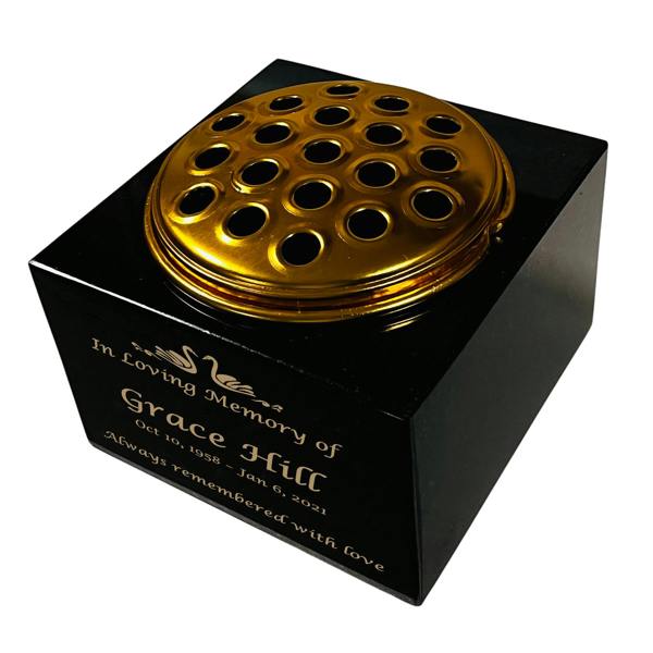 Memorials Direct Granite Memorial Vase with Swan Design 1, Free Personalised Gold Engraving, Solid Granite 6 x 6 x 4 Inches