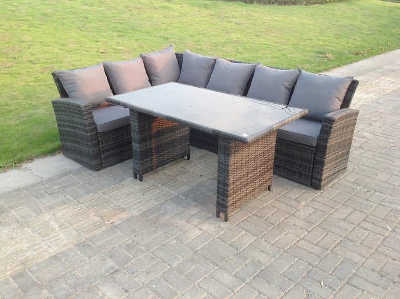 Fimous 6 Seater High Back Rattan Garden Furniture Set Corner Sofa With Black Tempered Glass Dining Table