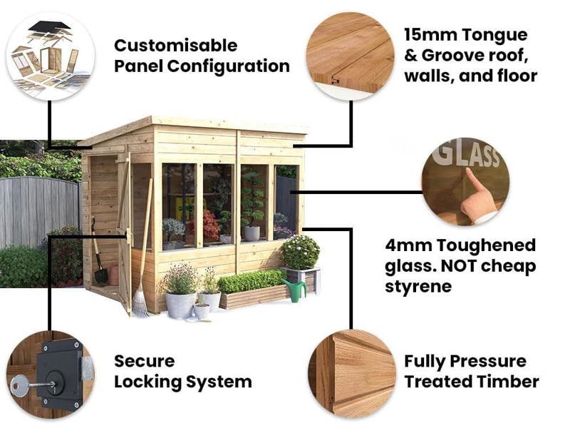 Dunster House Potting Shed Pent Roof W6' x D8' (W1.8m x D2.4m) Superfelt, Overlord Modular