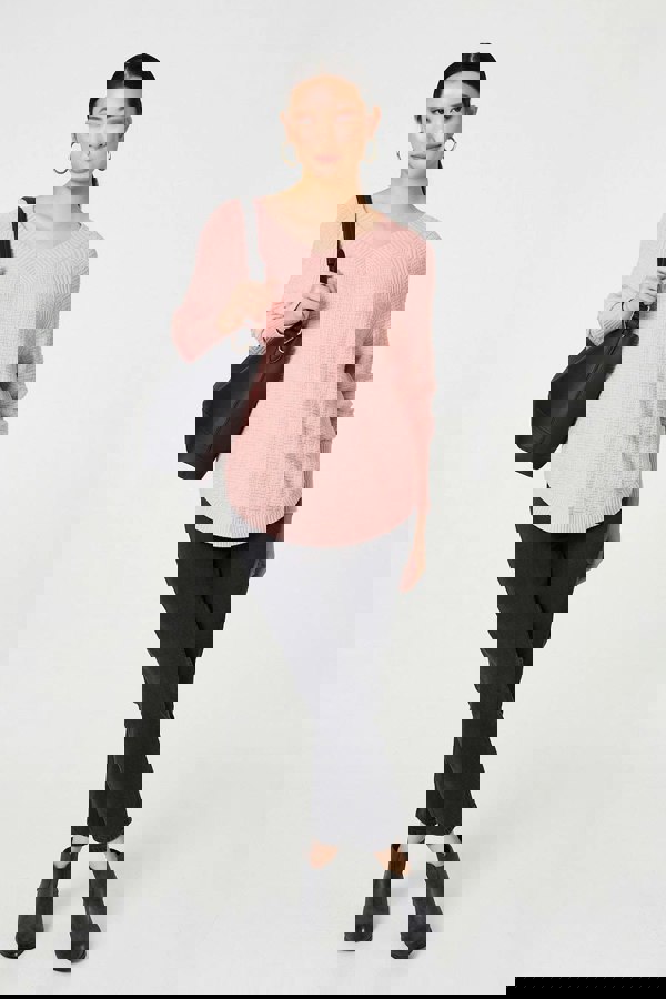 Pink | Textured V-Neck Relaxed Curve Hem Jumper
