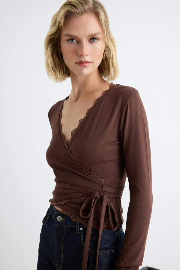 WOVCOR Fitted Wrap Neckline Long Sleeve Lace Detail Crop Blouse