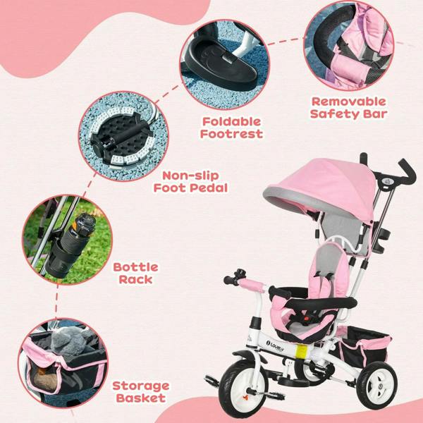 Pink kids push trike with removable safety bar and foldable footrest detail