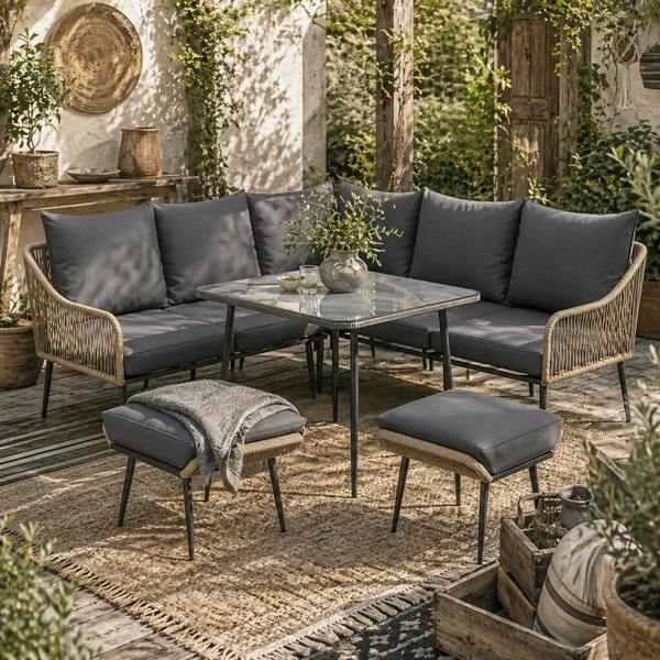 Wyld Haus Nofise Rattan Brown and Grey 7 Seater Garden Sofa Set with Coffee Table and 2 Stools