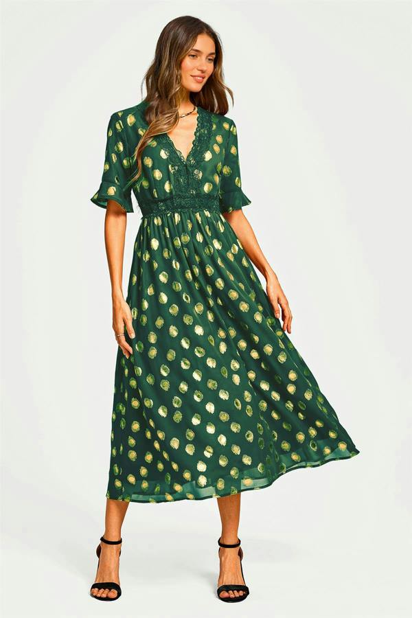 FS Collection Gold Foil Long Sleeve Lace Trim V Neck Maxi Dress In Green