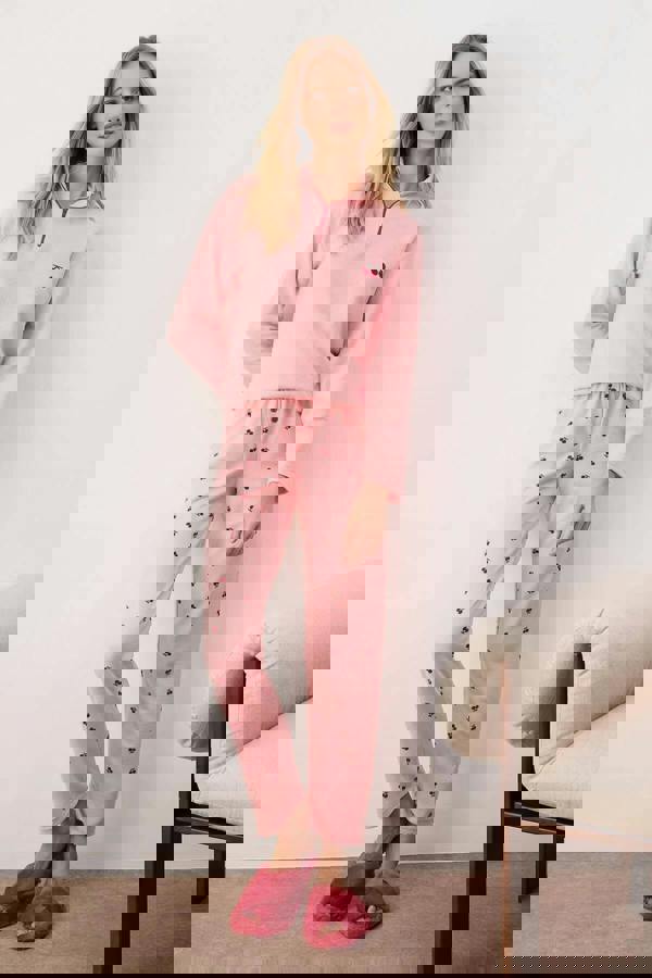 WOVCOR 2-Piece Cherry Patterned Zippered Soft Winter Waffle Knit Pajama Set