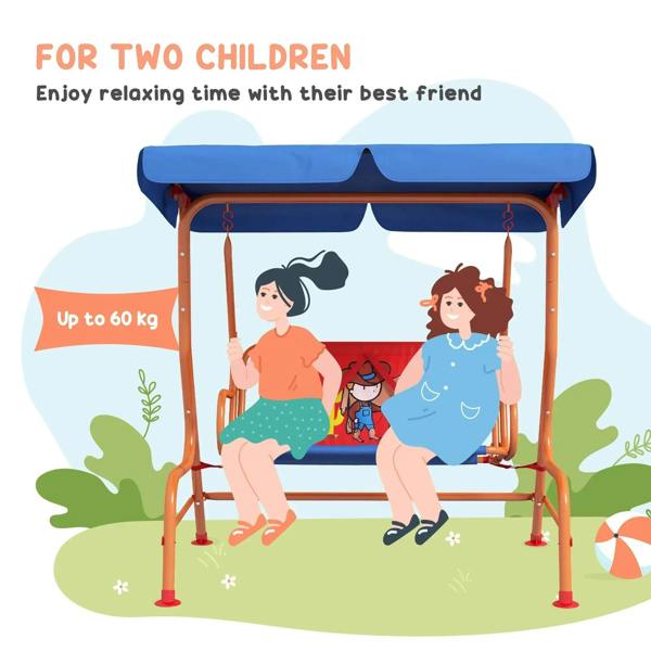 Kids two-person garden swing with blue canopy and cowboy-themed red backrest and seat