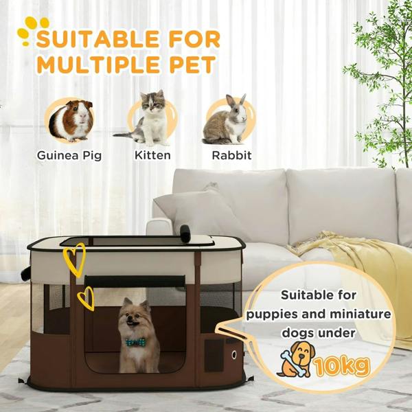 Brown foldable dog playpen with mesh front panels and low, rounded carry frame