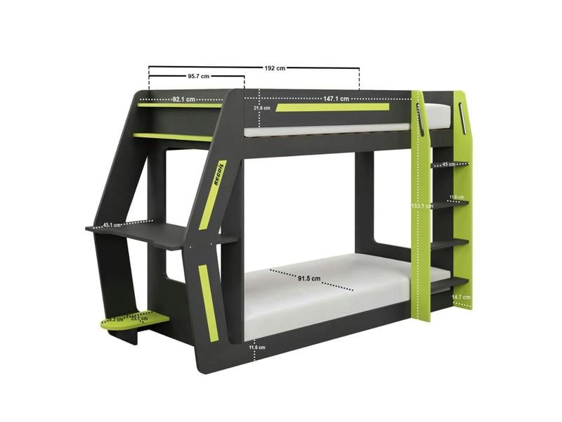 Recoil Alister Gaming Bunk Bed with Desk Charcoal & Green
