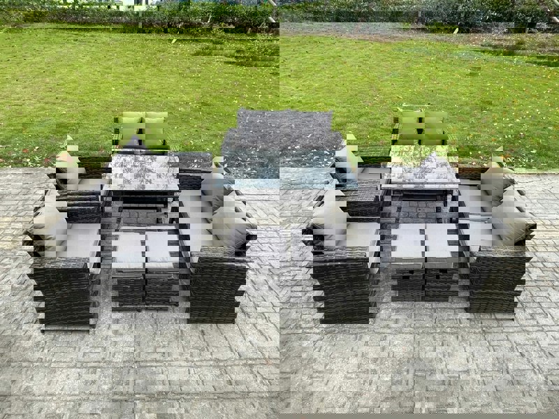 Fimous Rattan Garden Furniture Set Patio Outdoor Lounge Sofa Set with Rectangular Dining Table Double Seat Sofa 2 Small Footstools Dark Grey Mixed