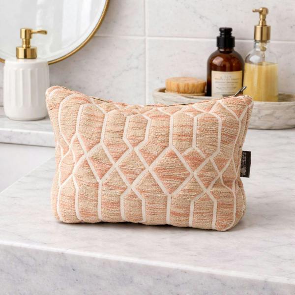 Rose lattice jacquard toiletry pouch with zip top and black side label tag.